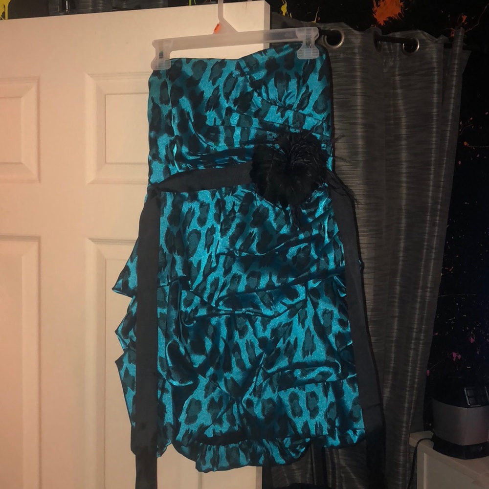Short strapless blue cheetah print homecoming